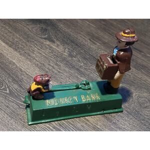 Vintage Cast Iron Mechanical Bank "Monkey Bank" Working Condition Spring Action